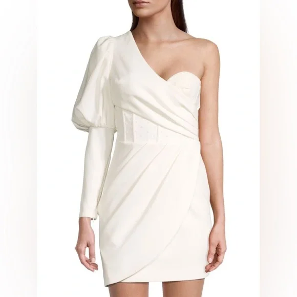 lavish alice white one shoulder dress Alyce White One Shoulder Dress Long Sleeve Lavish Alice Tailored Belted  Long Sleeve One-Shoulder Dress In